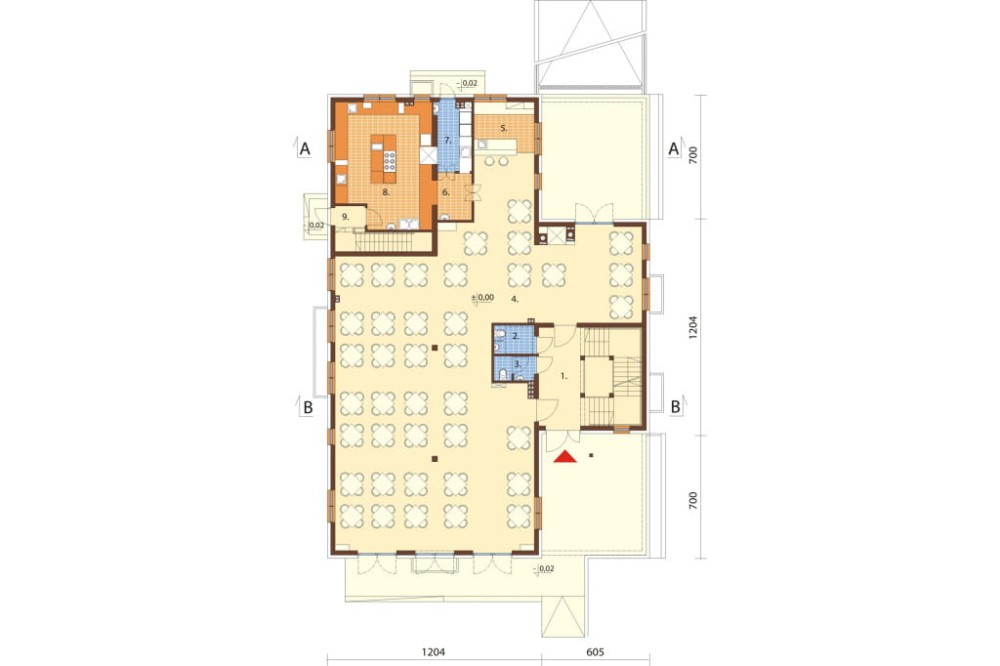Projekt budynku gastronomicznego z zapleczem noclegowym i częścią mieszkalną LK-58 B, parterowy z poddaszem użytkowym, podpiwniczony, z garażem dwustanowiskowym - rzut parteru