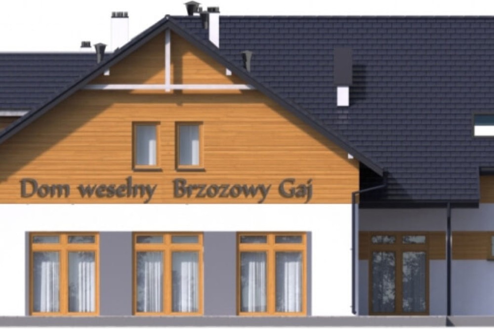 Projekt budynku gastronomicznego z zapleczem noclegowym i częścią mieszkalną LK-58 B, parterowy z poddaszem użytkowym, podpiwniczony, z garażem dwustanowiskowym - elewacja frontowa
