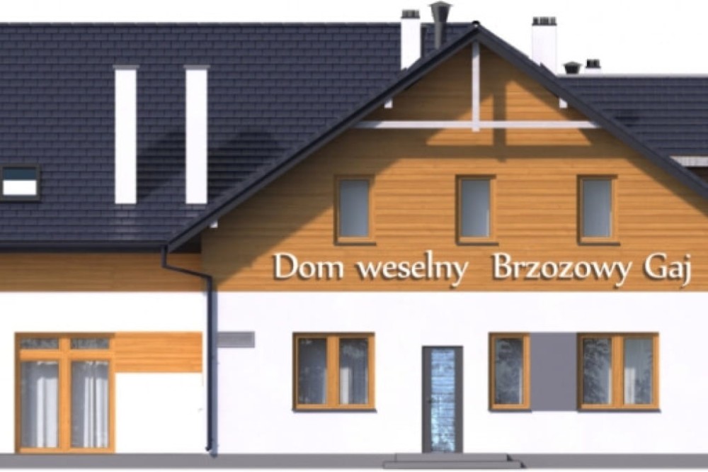 Projekt budynku gastronomicznego z zapleczem noclegowym i częścią mieszkalną LK-58 B, parterowy z poddaszem użytkowym, podpiwniczony, z garażem dwustanowiskowym - elewacja ogrodowa