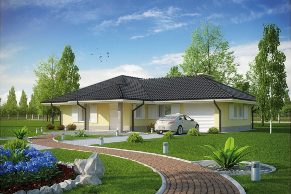 Projekt domu Okrasin L-6097, parterowy z garażem, bez podpiwniczenia - kolorystyka wersja 4