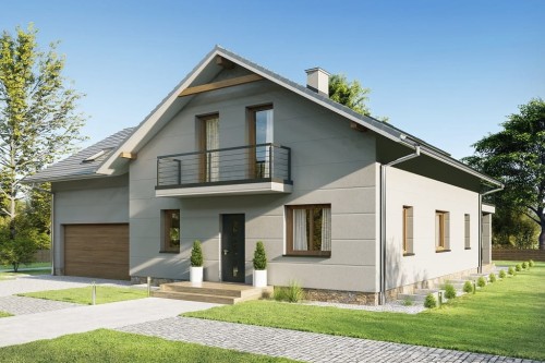 Projekt domu Gesoria DM-6747, parterowy z poddaszem użytkowym, garażem dwustanowiskowym i częściowym podpiwniczeniem-kolorystyka wersja 1