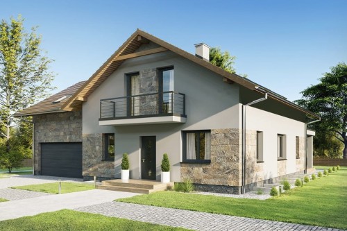 Projekt domu Gesoria DM-6747, parterowy z poddaszem użytkowym, garażem dwustanowiskowym i częściowym podpiwniczeniem - kolorystyka wersja 2