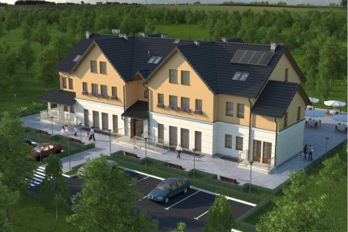 Projekt budynku usługowego K-20 B, budynek piętrowy z poddaszem, podpiwniczony - kolorystyka wersja 1