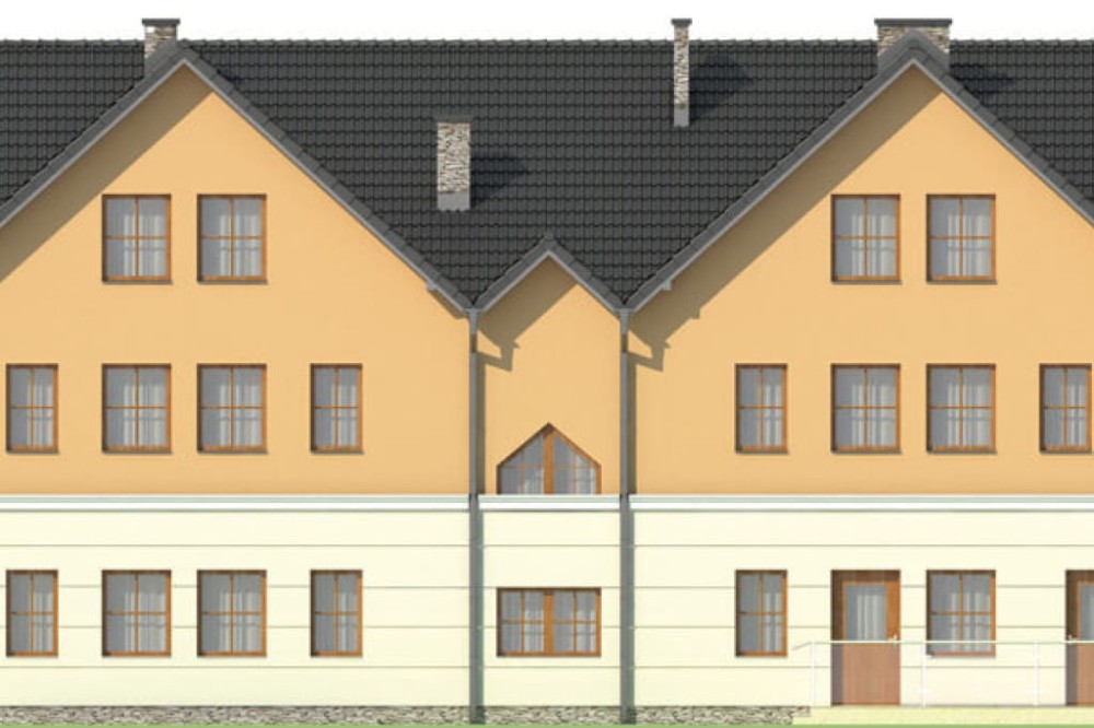 Projekt budynku usługowego K-20 B, budynek piętrowy z poddaszem, podpiwniczony - elewacja ogrodowa