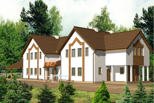 Projekt motelu, pensjonatu K-07, budynek parterowy z poddaszem użytkowym, bez, garażu, bez podpiwniczenia - kolorystyka wersja 1
