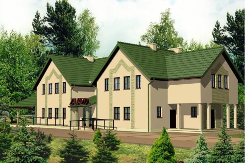 Projekt motelu, pensjonatu K-07, budynek parterowy z poddaszem użytkowym, bez, garażu, bez podpiwniczenia - kolorystyka wersja 2