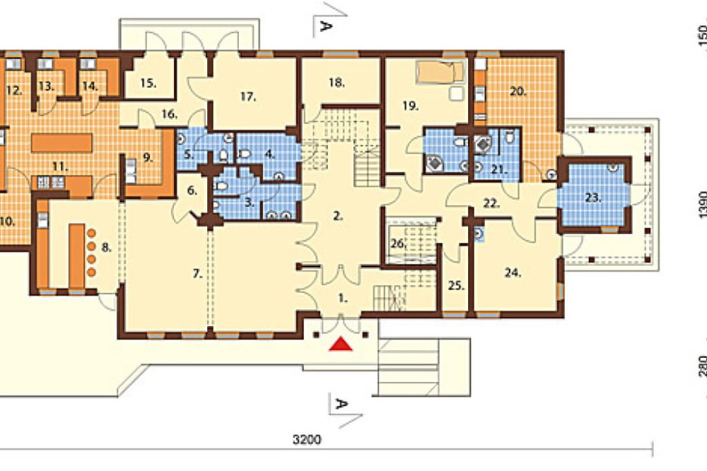 Projekt motelu, pensjonatu K-07, budynek parterowy z poddaszem użytkowym, bez, garażu, bez podpiwniczenia - rzut parteru