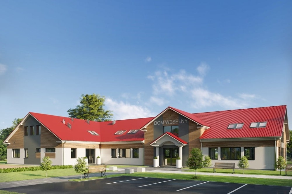 Projekt budynku gastronomicznego z zapleczem noclegowym K-17 B, budynek parterowy z poddaszem użytkowym, bez podpiwniczenia - kolorystyka wersja 2