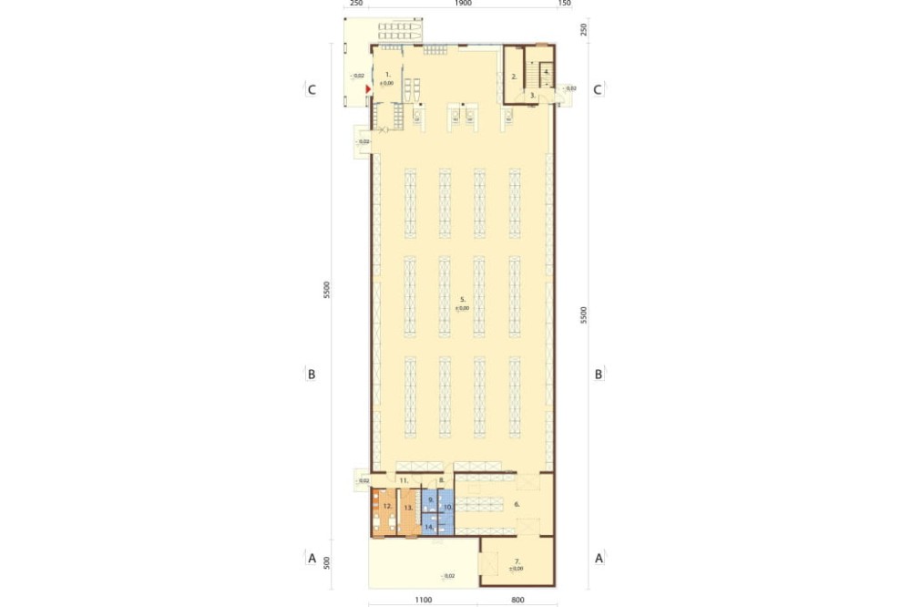 Projekt budynku handlowego K-141, dwukondygnacyjny (parter, piętro) - rzut parteru