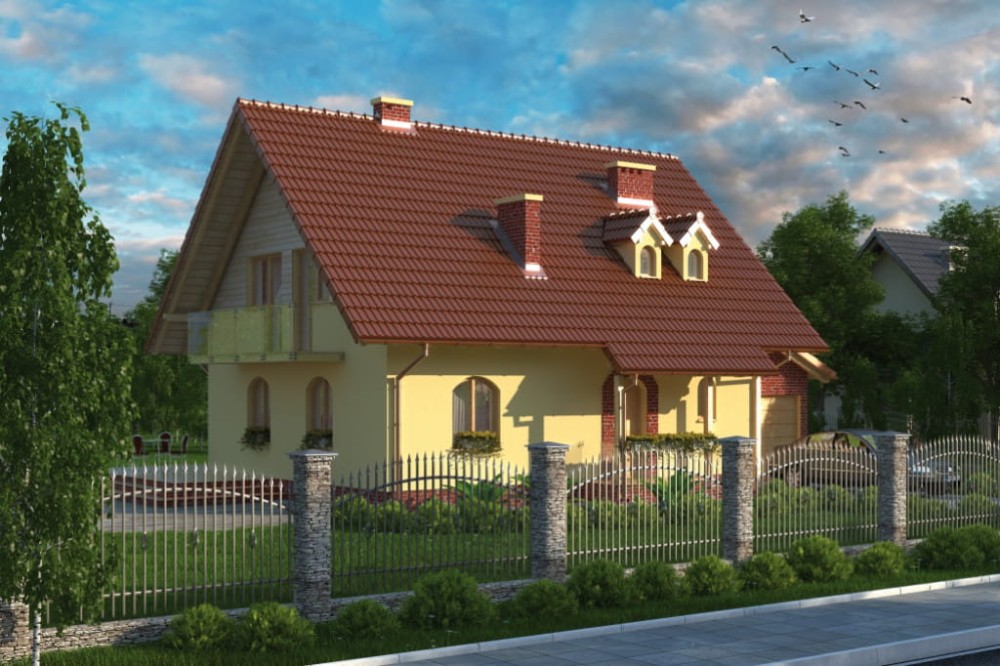 Projekt domu Polesie DM-6006, parterowy z użytkowym poddaszem, z garażem jednostanowiskowym, niepodpiwniczony - kolorystyka wersja 3