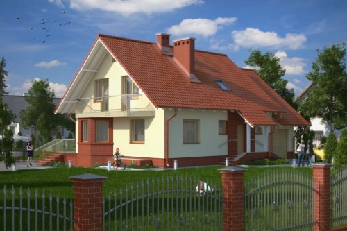 Projekt domu Wieluń L-6040, parterowy z poddaszem użytkowym i częściowym podpiwniczeniem oraz z garażem-kolorystyka wersja 1