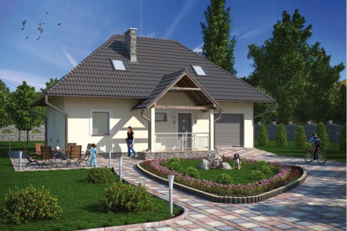 Projekt domu Sitno L-6083, parterowy, z poddaszem użytkowym, jednorodzinny, tradycyjny, z garażem, bez podpiwniczenia - kolorystyka wersja 1