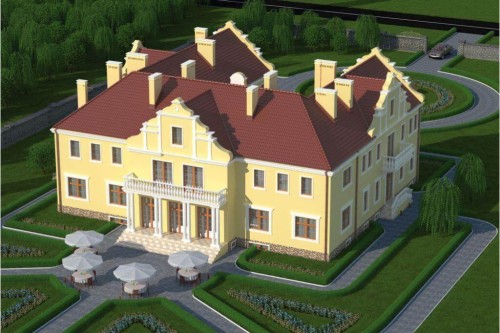 Projekt pensjonatu LK-25, piętrowy, podpiwniczony, z garażem dwustanowiskowym - wizualizacja elewacji ogrodowej ujęcie 2