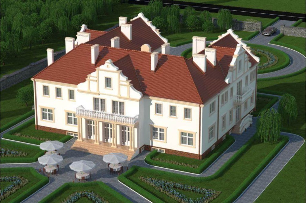 Projekt pensjonatu LK-25, piętrowy, podpiwniczony, z garażem dwustanowiskowym - wizualizacja elewacji ogrodowej ujęcie 3