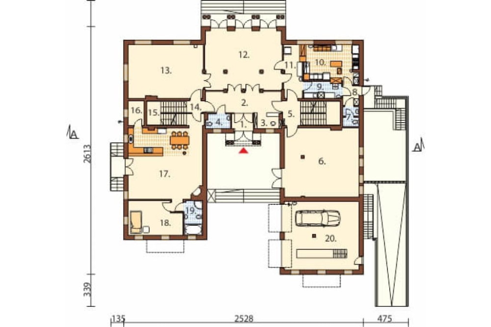 Projekt pensjonatu LK-25, piętrowy, podpiwniczony, z garażem dwustanowiskowym - rzut parteru