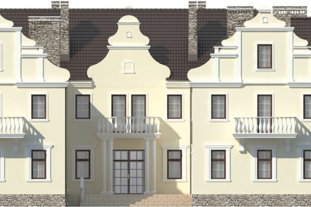 Projekt pensjonatu LK-25, piętrowy, podpiwniczony, z garażem dwustanowiskowym - elewacja frontowa