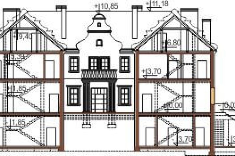 Projekt pensjonatu LK-25, piętrowy, podpiwniczony, z garażem dwustanowiskowym - przekrój A-A