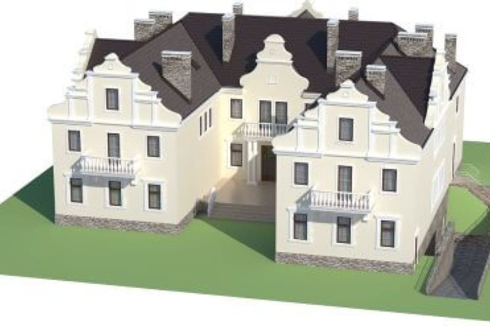 Projekt pensjonatu LK-25, piętrowy, podpiwniczony, z garażem dwustanowiskowym - model