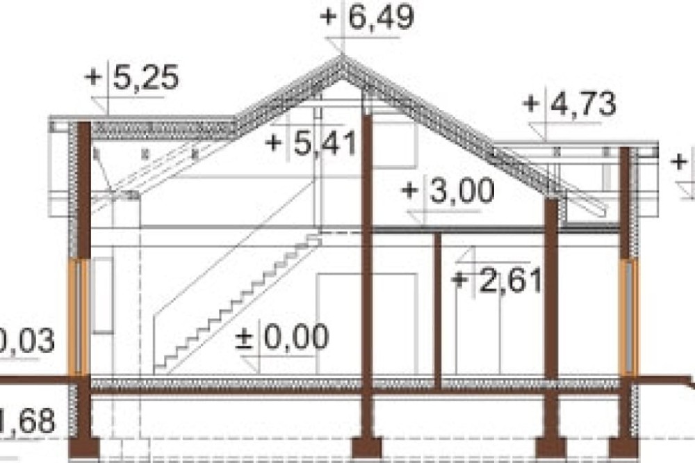 Projekt domu Barwinkowo 2 L-6565, parterowy, niepodpiwniczony z garażem jednostanowiskowym oraz antresolą - przekrój A-A