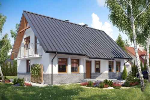 Projekt domu Chociejów DM-6149, parterowy z poddaszem mieszkalnym, z garażem, częściowo podpiwniczony - kolorystyka wersja 2