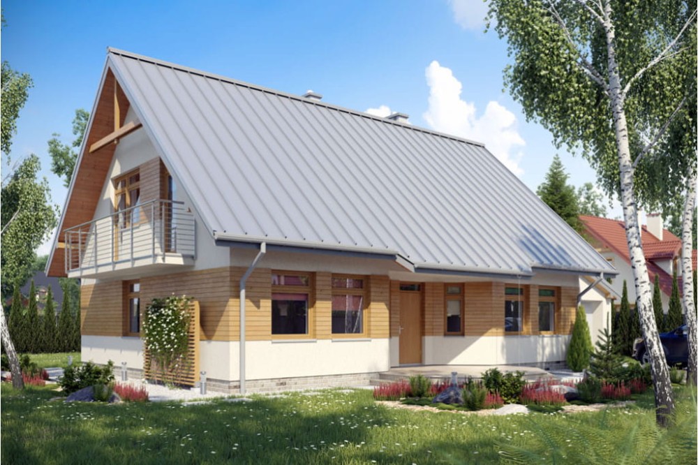 Projekt domu Chociejów DM-6149, parterowy z poddaszem mieszkalnym, z garażem, częściowo podpiwniczony - kolorystyka wersja 3