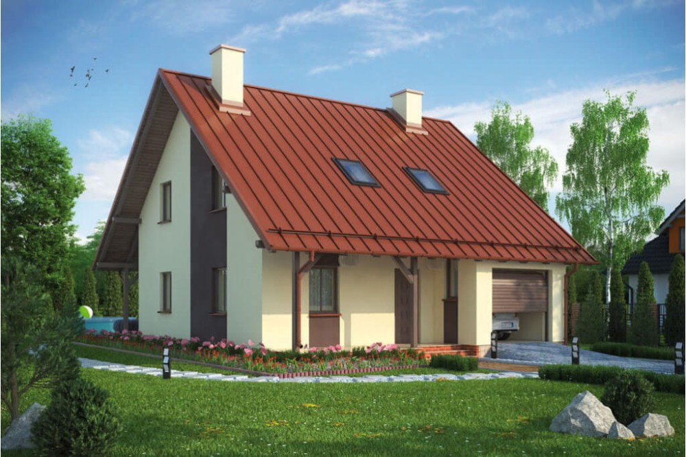 Projekt domu Ostrowiec L-6159, parterowy z poddaszem mieszkalnym, z garażem, bez podpiwniczenia - kolorystyka wersja 1