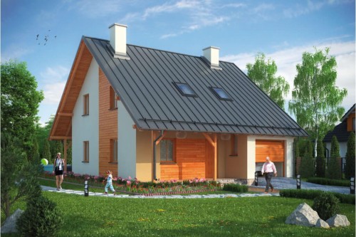 Projekt domu Ostrowiec L-6159, parterowy z poddaszem mieszkalnym, z garażem, bez podpiwniczenia - kolorystyka wersja 2