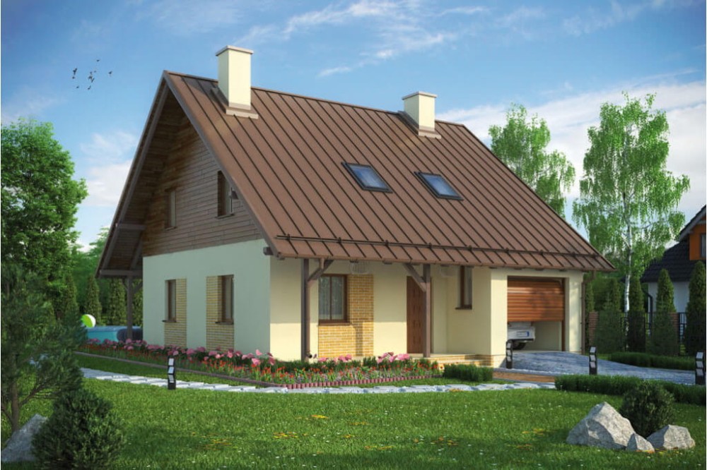 Projekt domu Ostrowiec L-6159, parterowy z poddaszem mieszkalnym, z garażem, bez podpiwniczenia - kolorystyka wersja 3