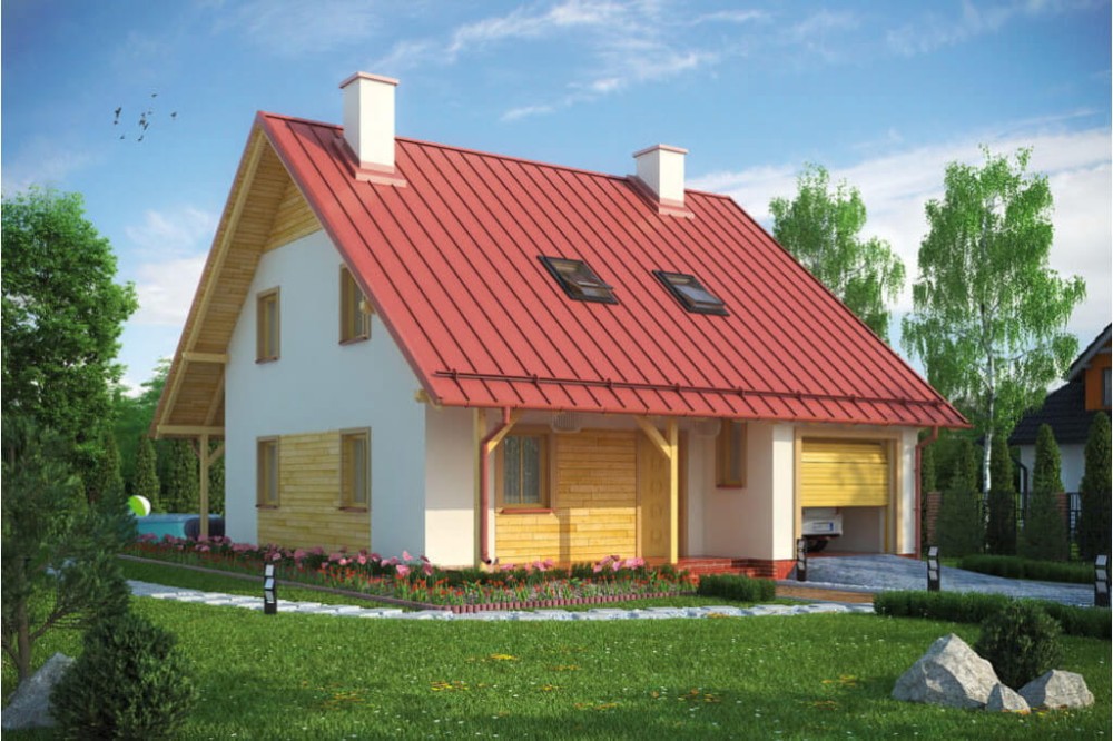 Projekt domu Ostrowiec L-6159, parterowy z poddaszem mieszkalnym, z garażem, bez podpiwniczenia - kolorystyka wersja 4