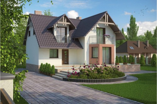 Projekt domu Tęgoborze L-6108,  parterowy z poddaszem mieszkalnym, częściowo podpiwniczony - kolorystyka wersja 2
