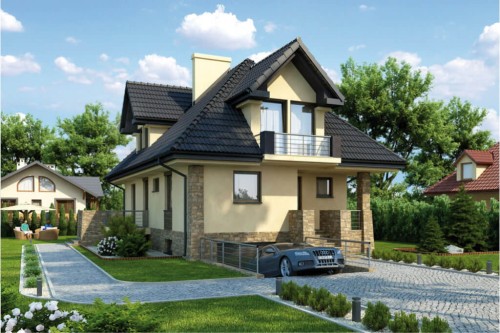 Projekt domu Grójec 2 L-6362, parterowy z poddaszem mieszkalnym, częściowo podpiwniczony, z garażem - kolorystyka wersja 1