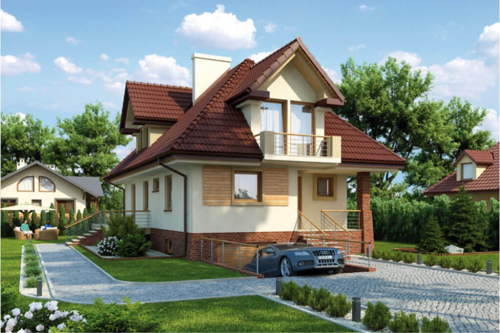 Projekt domu Grójec 2 L-6362, parterowy z poddaszem mieszkalnym, częściowo podpiwniczony, z garażem - kolorystyka wersja 4