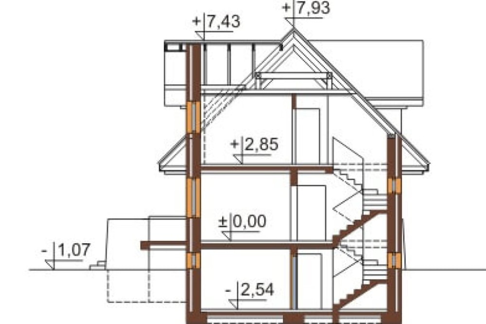 Projekt domu Grójec 2 L-6362, parterowy z poddaszem mieszkalnym, częściowo podpiwniczony, z garażem -  przekrój A-A