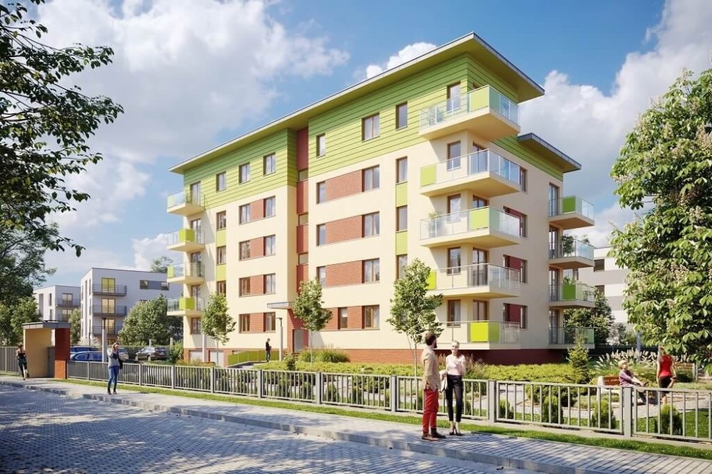 Projekt budynku wielorodzinnego L-6670, parterowy z czterema piętrami, podpiwniczony,  z garażem - kolorystyka wersja 3
