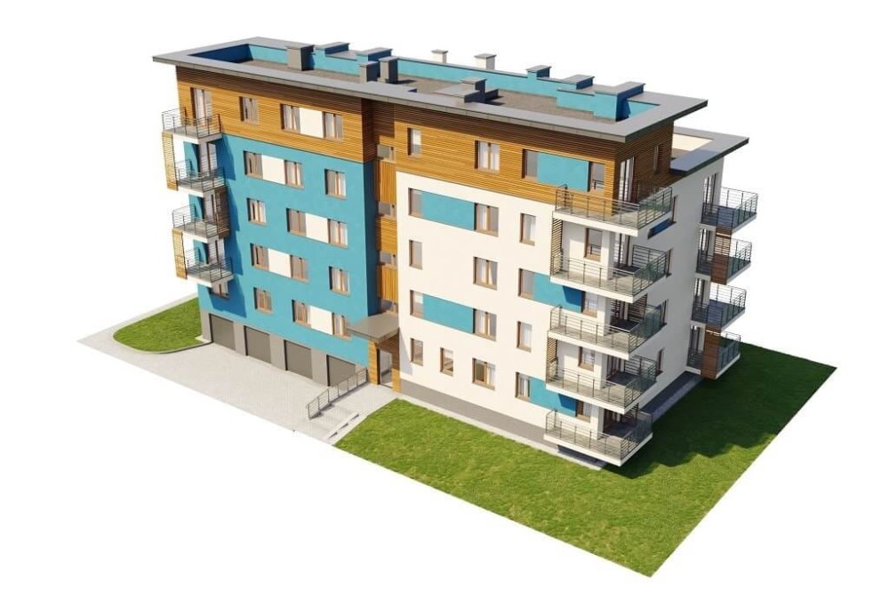 Projekt budynku wielorodzinnego L-6670, parterowy z czterema piętrami, podpiwniczony,  z garażem - model