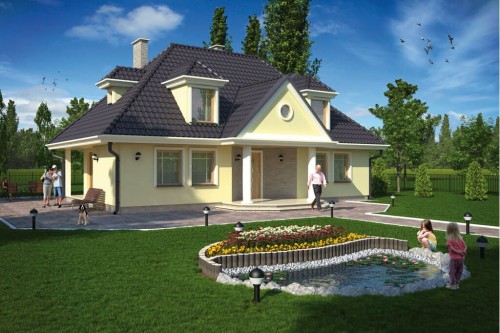 Projekt domu Lipnica 2 L-5502, parterowy z poddaszem mieszkalnym, bez podpiwniczenia - wizualizacja elewacji frontowej