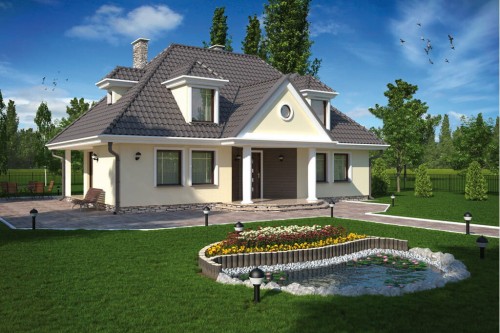 Projekt domu Lipnica 2 L-5502, parterowy z poddaszem mieszkalnym, bez podpiwniczenia  - wizualizacja elewacji ogrodowej