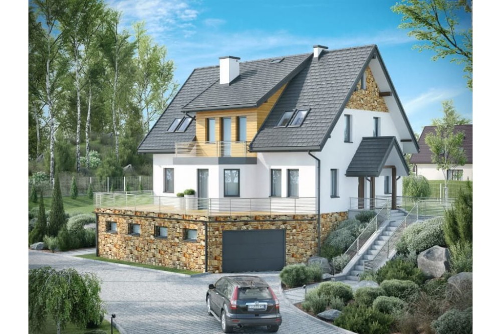 Projekt domu Cyniów 2 L-6547, parterowy z poddaszem użytkowym i podpiwniczeniem, jednorodzinny-kolorystyka wersja 4