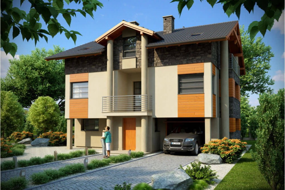 Projekt domu Jastarnia DM-6179, piętrowy, z garażem, z poddaszem mieszkalnym, bez podpiwniczenia - kolorystyka wersja 4