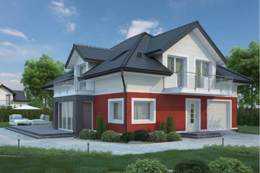 Projekt domu Lilaków 2 L-6553, parterowy z poddaszem użytkowym, niepodpiwniczony z garażem jednostanowiskowym - kolorystyka wersja 3