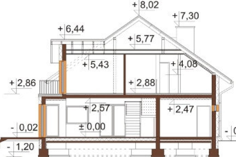 Projekt domu Lilaków 2 L-6553, parterowy z poddaszem użytkowym, niepodpiwniczony z garażem jednostanowiskowym - przekrój A-A