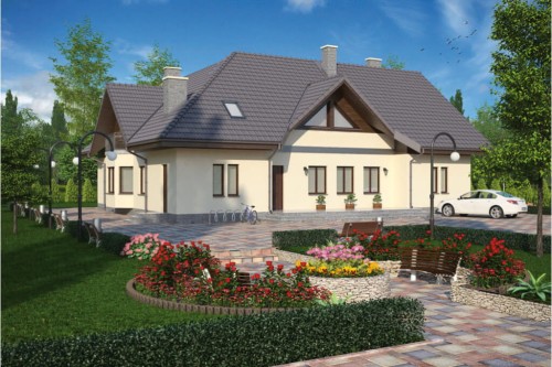 Projekt domu Tuchla L-6044, parterowy z poddaszem użytkowym, pensjonat - kolorystyka wersja 2
