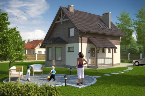Projekt domu Biskupin DM-6105, parterowy z poddaszem mieszkalnym, bez podpiwniczenia - kolorystyka wersja 1