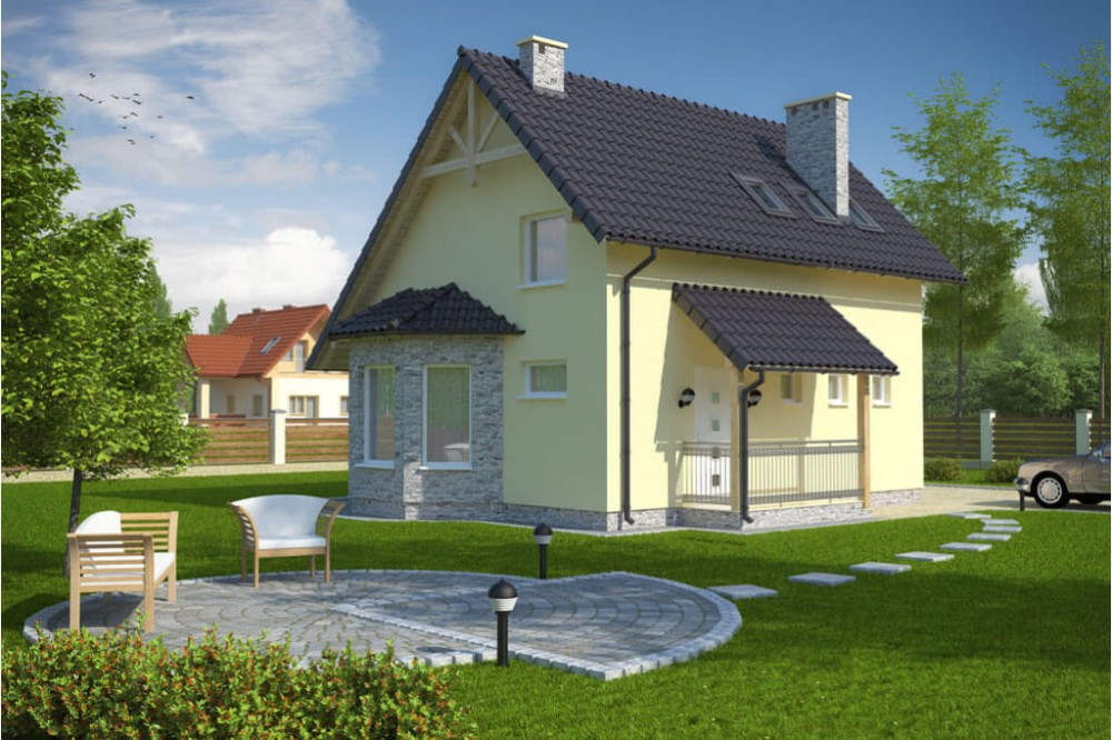 Projekt domu Biskupin DM-6105, parterowy z poddaszem mieszkalnym, bez podpiwniczenia - kolorystyka wersja 4
