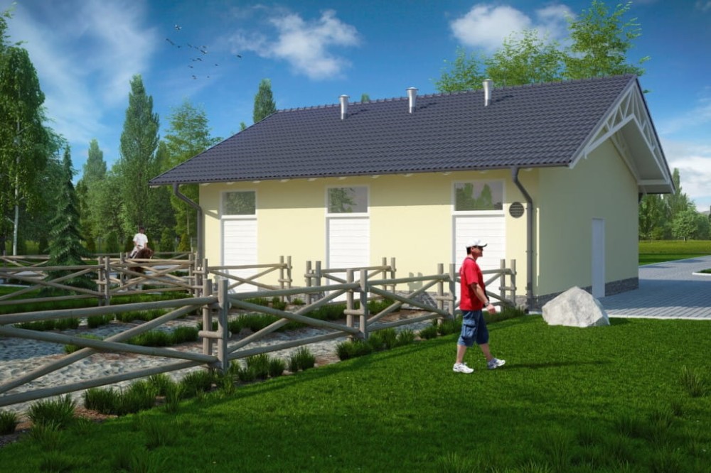 Projekt stajni ZG-79, parterowy, niepodpiwniczony, bez poddasza - kolorystyka wersja 1