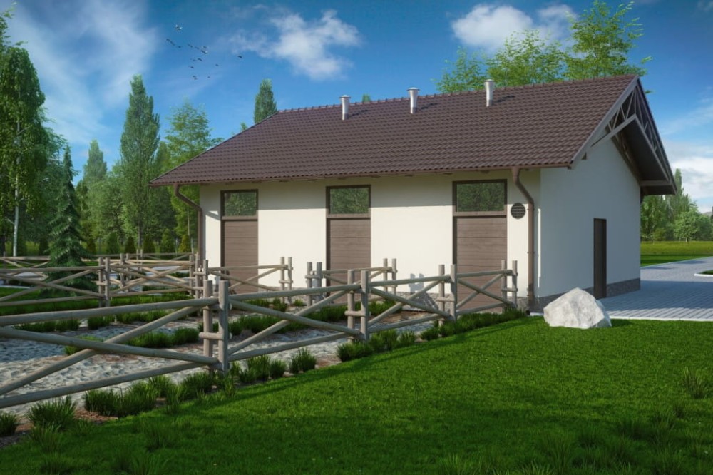 Projekt stajni  ZG-79,budynek parterowy, niepodpiwniczony - kolorystyka wersja 2