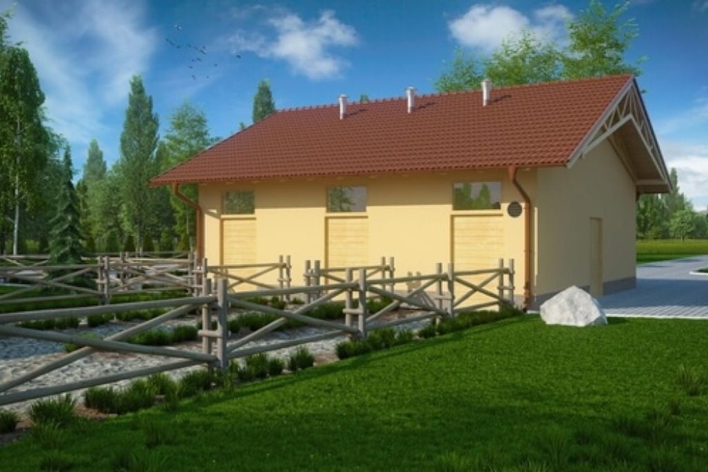 Projekt stajni  ZG-79,budynek parterowy, niepodpiwniczony - kolorystyka wersja 4