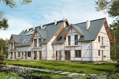 Projekt budynku mieszkalno - pensjonatowego LK-114, parterowy z poddaszem użytkowym, bez podpiwniczenia, bez garażu - kolorystyka wersja 1