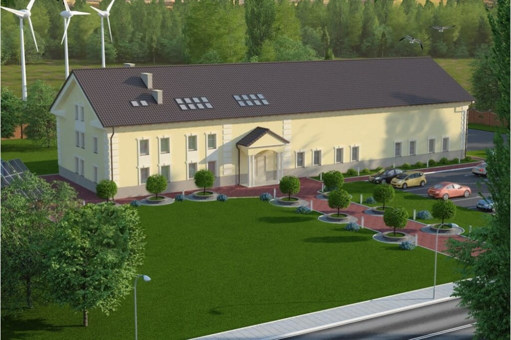Projekt hali magazynowo-biurowej LK-100, budynek piętrowy z antresolą, bez podpiwniczenia - kolorystyka wersja 1