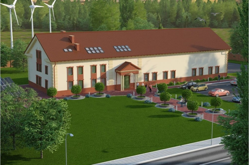 Projekt hali magazynowo-biurowej LK-100, budynek piętrowy z antresolą, bez podpiwniczenia - kolorystyka wersja 3